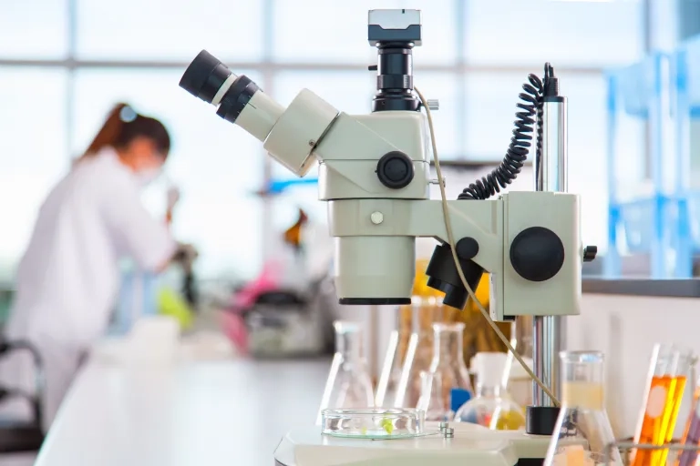 Qualitätskontrolle mit Mikroskop und Reagenzgläsern im Labor